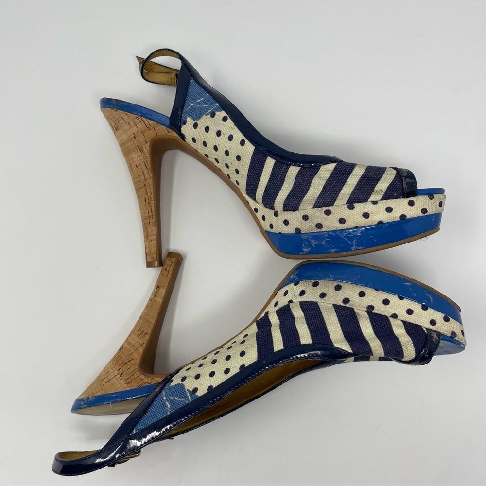 Nine West Blue Patterned Cork Heel Slingback Peep Toe Pumps Size 10 - Picture 7 of 8